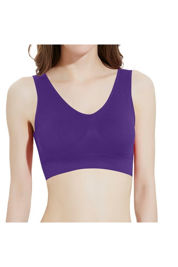 Women Sports Bra No Padding - Seamless Back-Smoothing Pullover Yoga Bra No Underwire Front Ruched Wireless Bralette Purple XXL