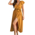 thumbnail image 1 of Bigersell Women Summer Dresses Women's Casual Short Sleeve Summer Ruffle V-Neck Wrap Slit Maxi Dress Dresses for Female 2022 Women A-Line Dresses, Style 30294, Yellow L, 1 of 6
