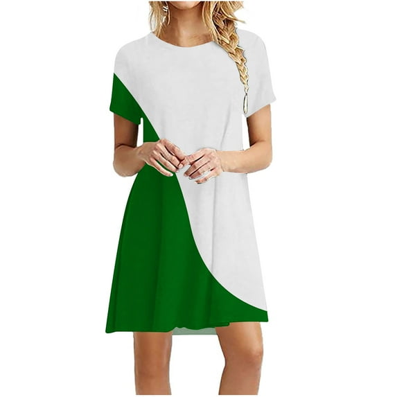 Bigersell Women Summer Tunic Dress Color Block Printed Casual Loose Short Sleeve Round Neck Mini Dress Swing A-Line Beach Sundresses T-Shirt Dresses, Green XXL