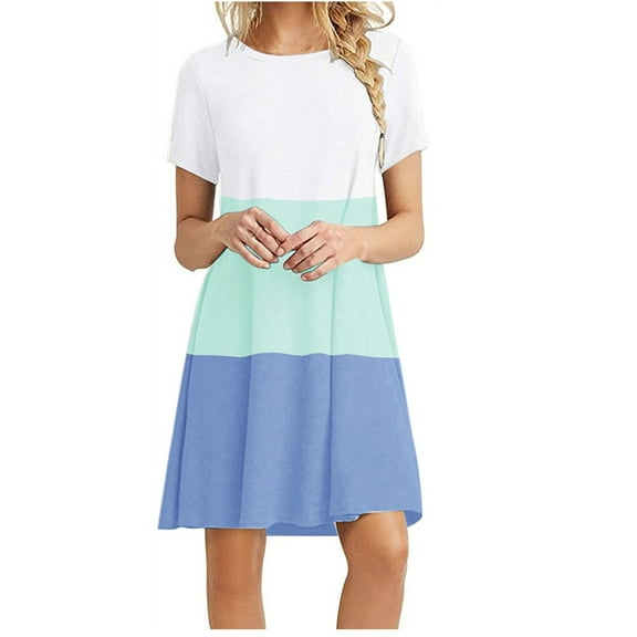 Bigersell Women T-Shirt Casual Dresses Summer Striped Print Round Neck Short Sleeve Tunic Mini Dress Cocktail Party A-line Dresses