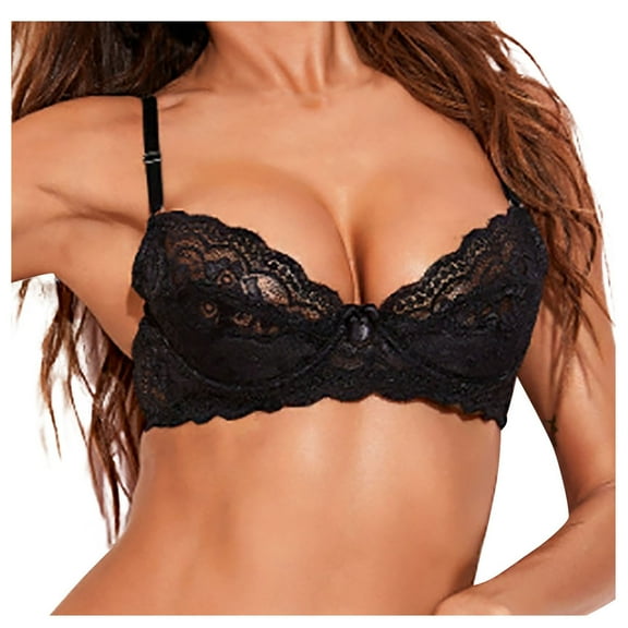 Bigersell Women Underwire Bras Sheer Floral Lace Lingerie Bra Ladies V-Neck Push up Padded Bra Comfort Soft Everyday Bralette Black M
