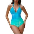 thumbnail image 1 of Bigersell Women V-Neck Bathing Suit Backless Front Ruched One-Piece Swimsuits Monokini Swimwear for Summer Vacations Beach Swimming Pool Light Blue L, 1 of 3