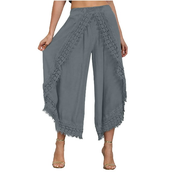 Bigersell Women Wide Leg Pants Full Length Pants Women's Fashion Casual Solid Lace Elastic Waist Workout Sports Wide Lag Pants Ladies' Patchwork Pants