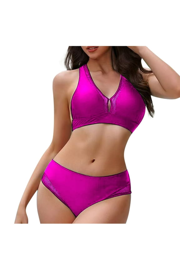 Women's 2 Piece Bikini Sets, Trendy Keyhole Full-Figure Bras Bathing Suits, Vacation Swimsuits Swimwear for Beach & Pool Pinky L