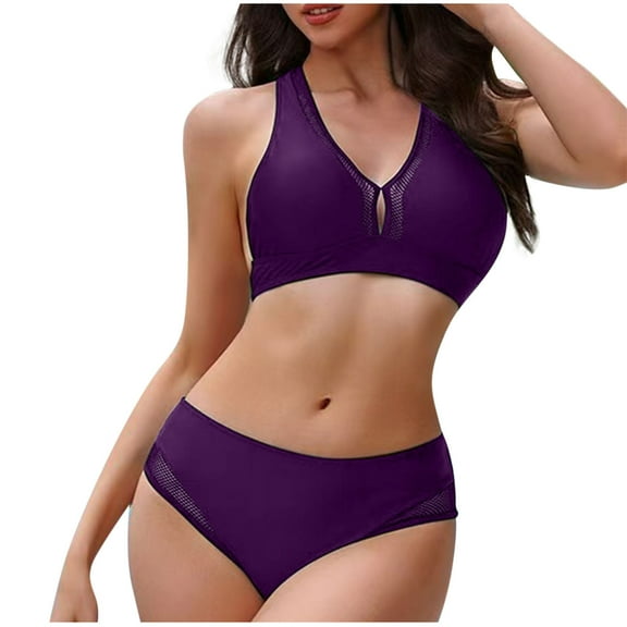 Bigersell Women's 2 Piece Bikini Sets, Trendy Keyhole Full-Figure Bras Bathing Suits, Vacation Swimsuits Swimwear for Beach & Pool Purples S