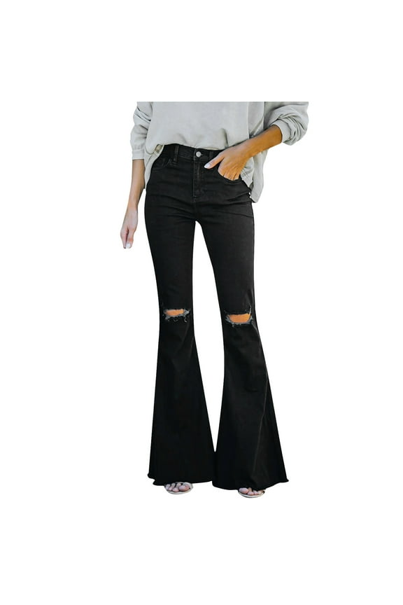 Women's Bell Buttom Jeans Full Length Pants Jeans Women Fashion Casual Solid Color Flare Pants Jeans Pocket Pants Women's Jeans Ladies Ribcage Straight Ankle Jeans