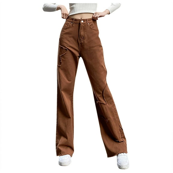 Bigersell Women's Bell Buttom Jeans Full Length Pants Jeans Women's high waist casual all-match flower print stitching straight-leg jeans Oversized Jeans for Ladies