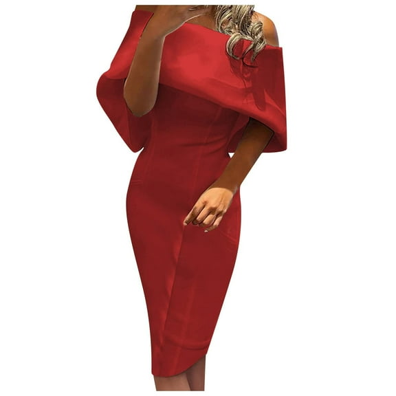 Bigersell Women's Casual Dresses Women Fashion Off Shoulder Sleeveless Solid Color Zipper Prom Knee-Length Dress Tall A-Line Dress Style 27592, Female Mid-Length Dresses Red XL