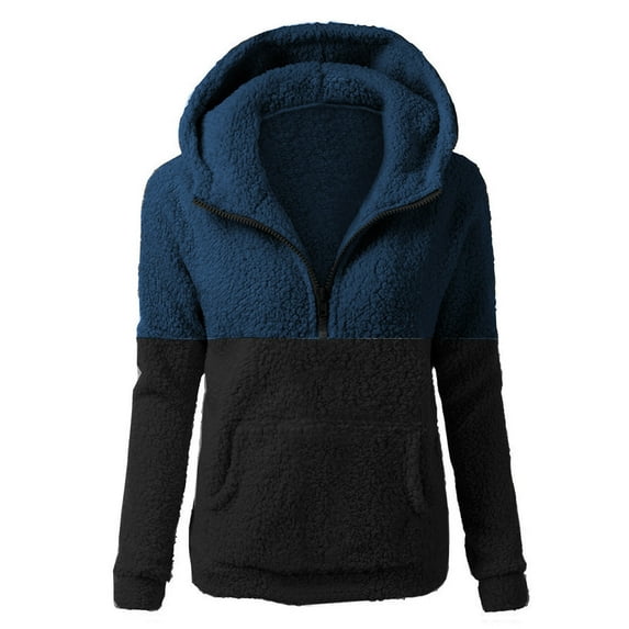 Bigersell Women's Full Zip up Hoodie Fleece Hoodies Jackets Color Block Drawstring Winter Long Sleeve Zip up Hoodies Tunic Sweatshirt Hooded Sweater Warm Coats Navy-2 XL