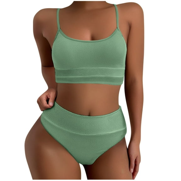 Bigersell Women's High-Waisted Two-Piece Swimsuit, Crop Tops Bikini Sets, Spaghetti Straps 2 Piece Bathing Suits Swimwear for Beach & Pool Vacation Swimsuits Green-a XL