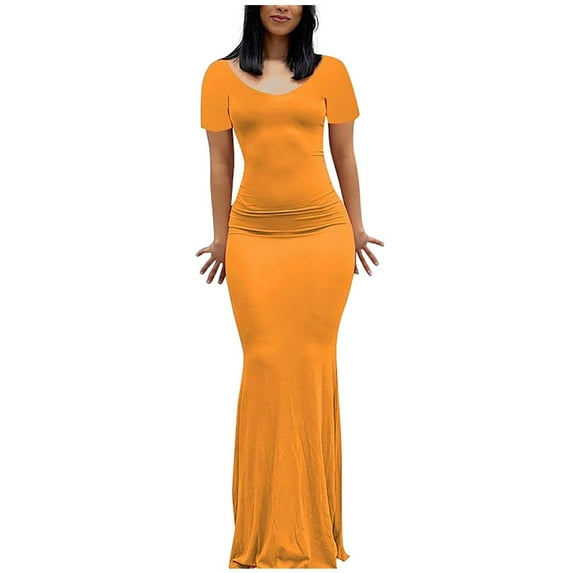Bigersell Women's Maxi Bodycon Dress Casual Summer Solid Color Round Neck Short Sleeve Long Bodycon Dress Evening Gown Club Party Fishtail Pencil Dresses Beach Sundresses, Orange M