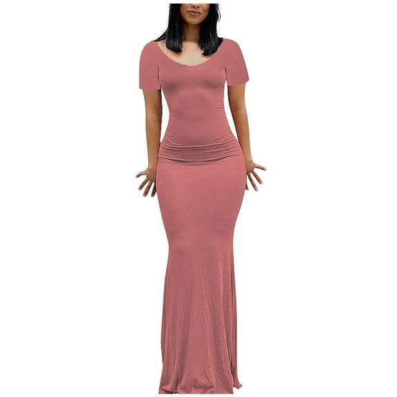 Bigersell Women's Maxi Bodycon Dress Casual Summer Solid Color Round Neck Short Sleeve Long Bodycon Dress Evening Gown Club Party Fishtail Pencil Dresses Beach Sundresses, Pink M