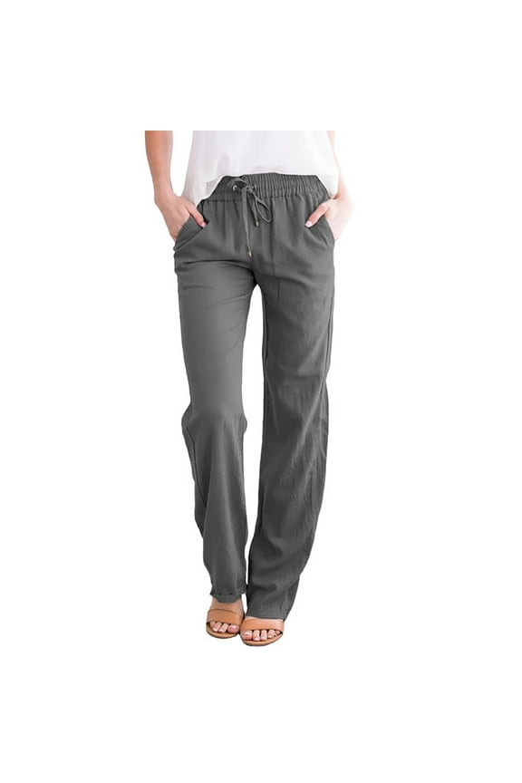 Women's Misses Classic Fit Pant Full Length Pants Women Casual Cotton And Linen Solid Drawstring Elastic Waist Long Straight Pants Ladies Wide Leg Pants