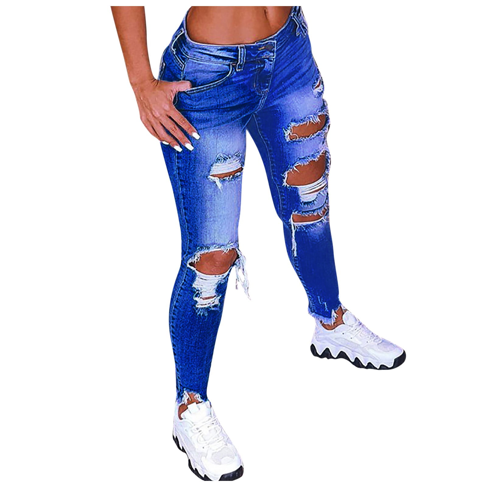 Bigersell Women's Misses Classic Fit Pant Full Length Pants Women's Fashion  Casual High Waist Elastic Waist Drawstring Straps Solid Color Ruffle Wide  Leg Long Pants Ripped Distressed Denim Pants 