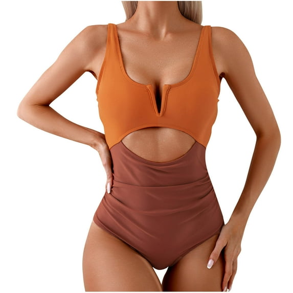 Bigersell Women's One-Piece Swimsuits Tummy Concealing Cut Out High Waisted Bathing Suit Wrap Tie Back 1 Piece Swimsuit Spring Summer Vacation Beach Swimwear, Style SW-21, Coffee, XL