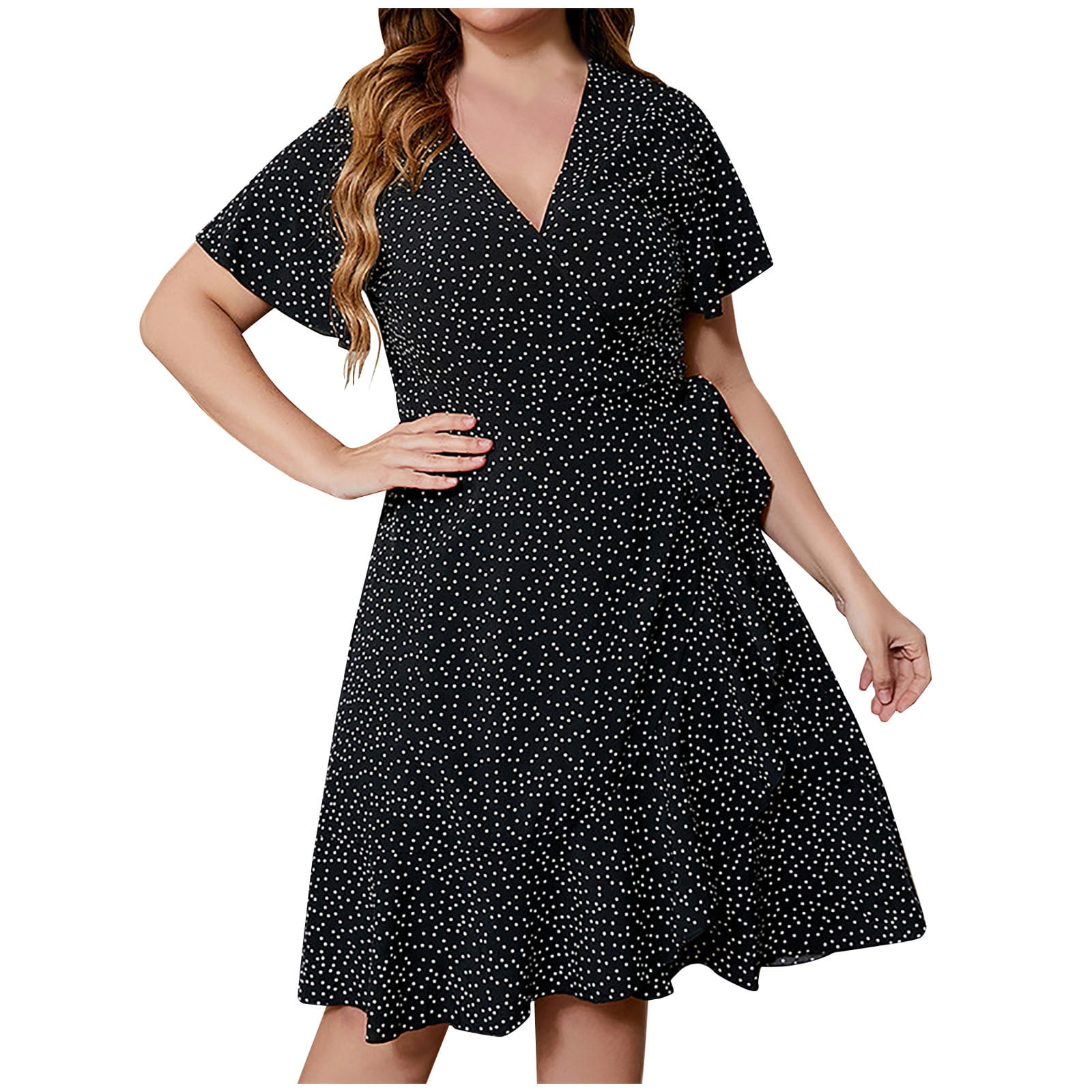 Bigersell Women's Plus Size Summer Dress Loose Casual Faux Wrap V-Neck Short  Sleeve Midi Dresses Polka Dot Printed Side Tie Knot Ruffle Sun Dress Swing  A-Line Beach Sundresses, Black 4XL 