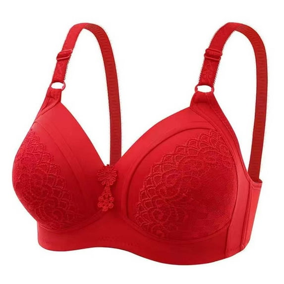 Bigersell Women's Plus Size Wire-Free Bra Lace Trim V-Neck Full-Coverage Bra Women Push up Padded Bras No Underwire Comfort Strap Full Figure Bras Everyday Bras Underwear D-3-Red M