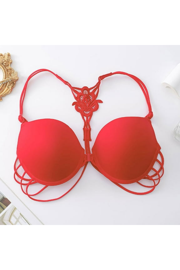 Women's Push Up Bra Strappy Back Front Closure Bras Women Lace Padded T-Shirt Bras Ladies Comfort Soft V-Neck Front Buckle Closure Wireless Bras Style-D14, Red M