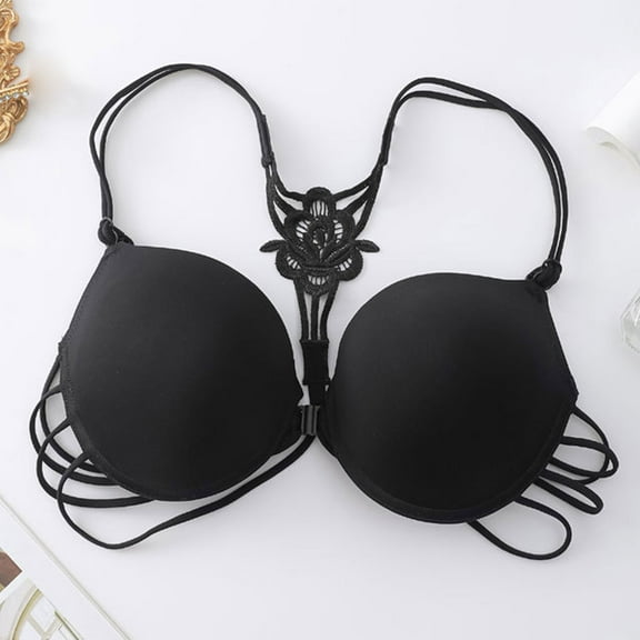Bigersell Women's Push Up Bra Strappy Back Front Closure Bras Women Lace Padded T-Shirt Bras Ladies Comfort Soft V-Neck Front Buckle Closure Wireless Bras Style-D14, Black XS