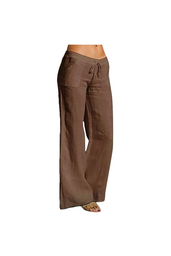 Women's Shaping Bootcut Pants Full Length Pants Women's Cotton Linen Solid Long Pants High Waist Drawstring Loose Casual Ladies Ribcage Straight Ankle Pants