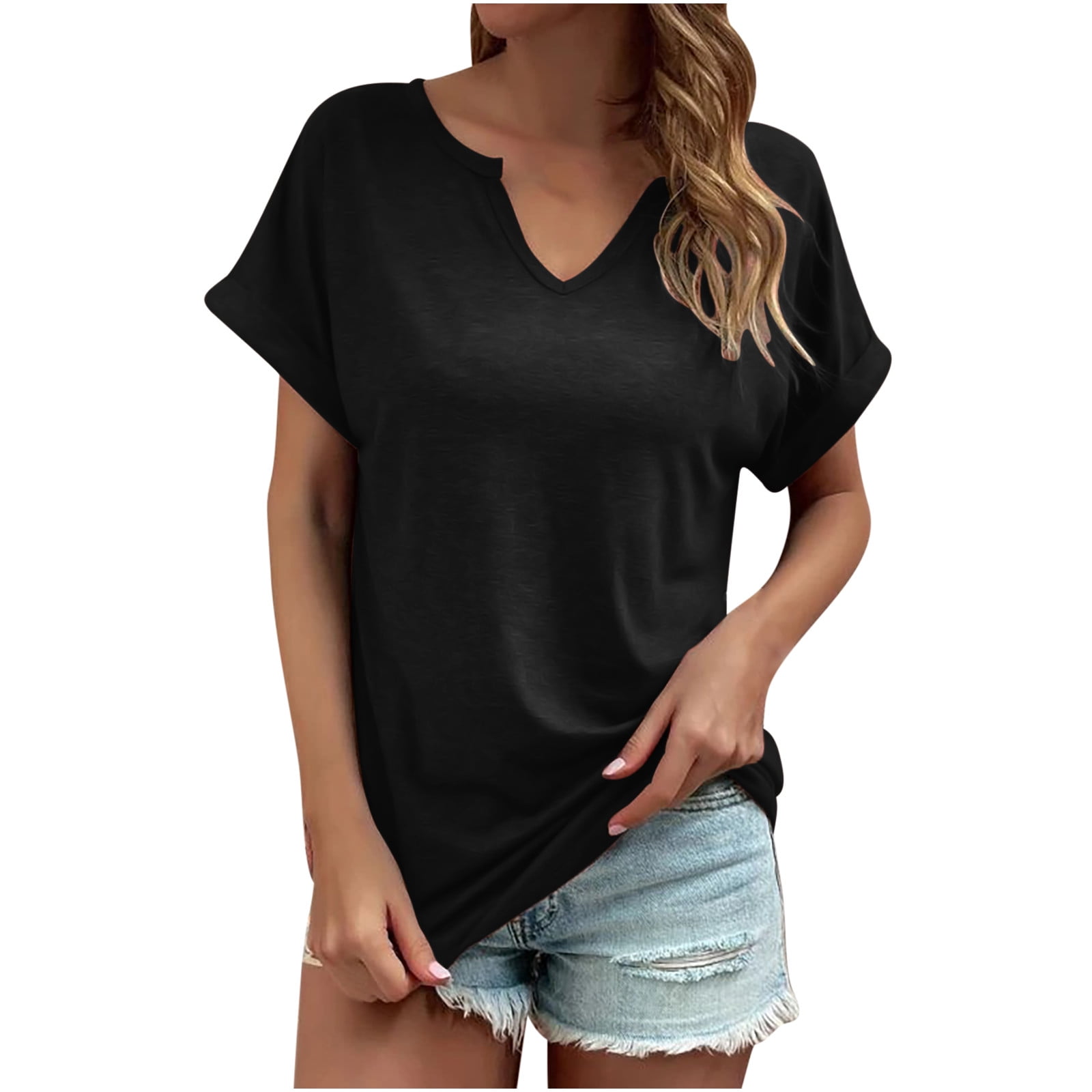 Bigersell Women's Short-Sleeve V-Neck T-Shirt Solid Color Casual V-Neck  Short Sleeve Loose T-shirt Tops Big & Tall Lace Crew Neck Short Sleeve Crew