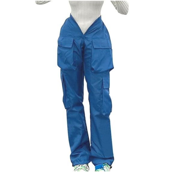 Bigersell Women's Straight Pants Full Length Pants Women's Casual Straight Large Pocket Overalls V-neck Personalized Waist Closing Casual Pants Ladies' Misses Classic Fit Pant