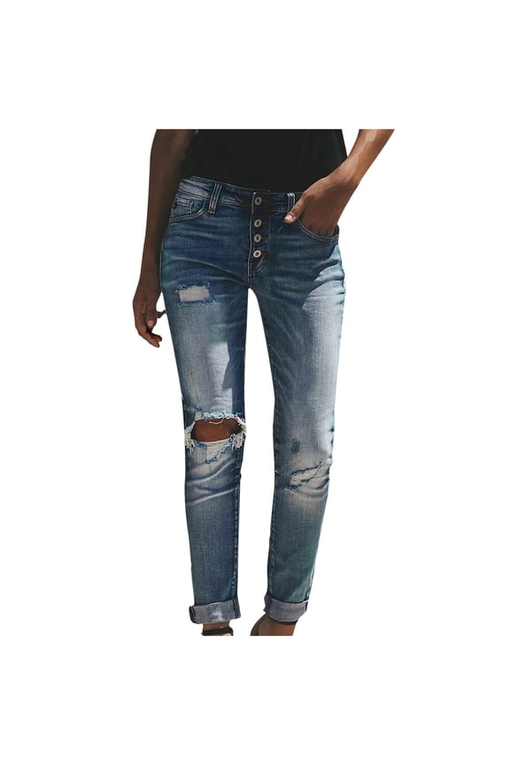 Women's Stretch Juniors Pants Full Length Pants Fashion Women Pockets Button Mid Waist Skinny Ripped Jeans Trousers Hole Denim Pants Distressed Pants for Ladies