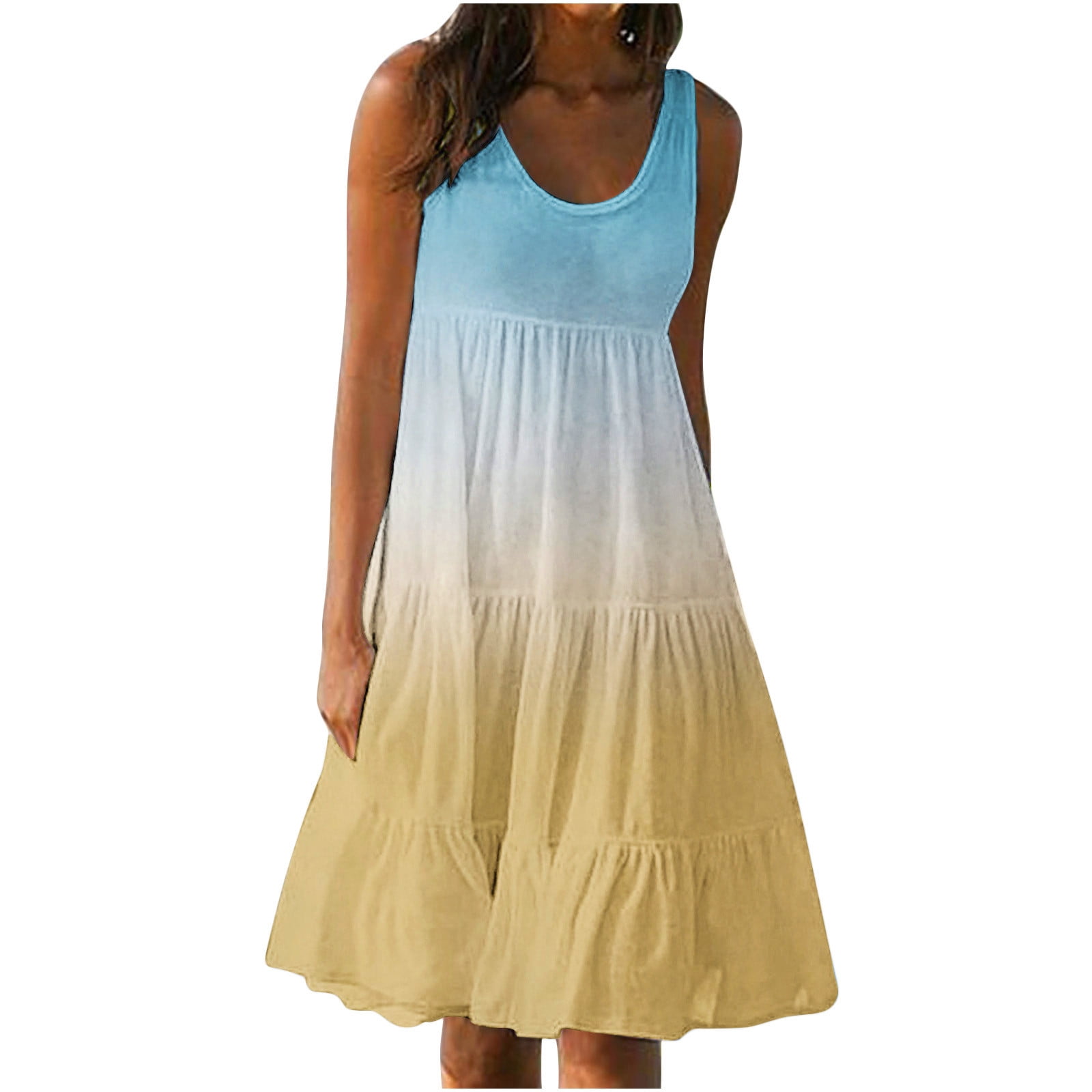 Bigersell Womens Tank Dress Short Casual Summer Sleeveless Round Neck Mini  Dresses Gradient Print Pleated Ruffle Short Dresses Beach Sundresses 