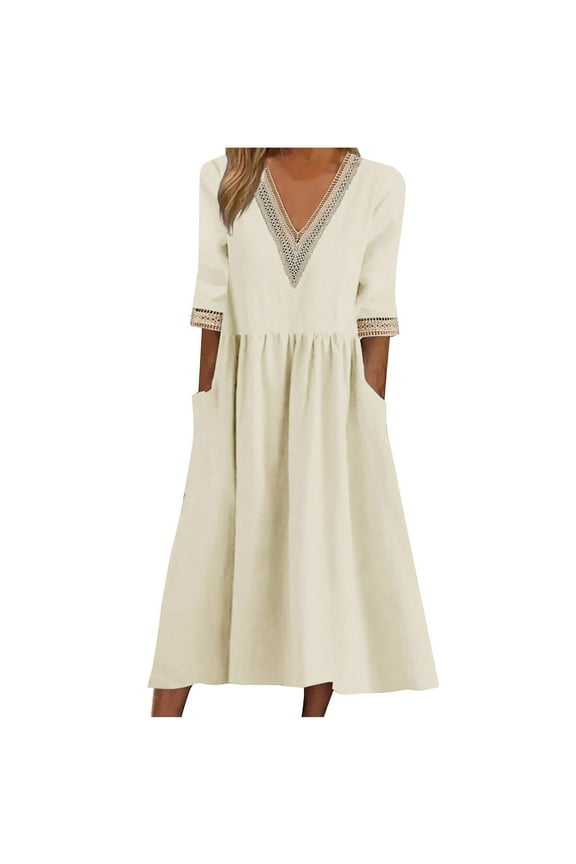 Women's Summer Dresses Summer Female V-Neck Half Sleeve Midi Sun Dress Dress Style D-4 Vintage Dresses Regular Summer Dresses , Beige M