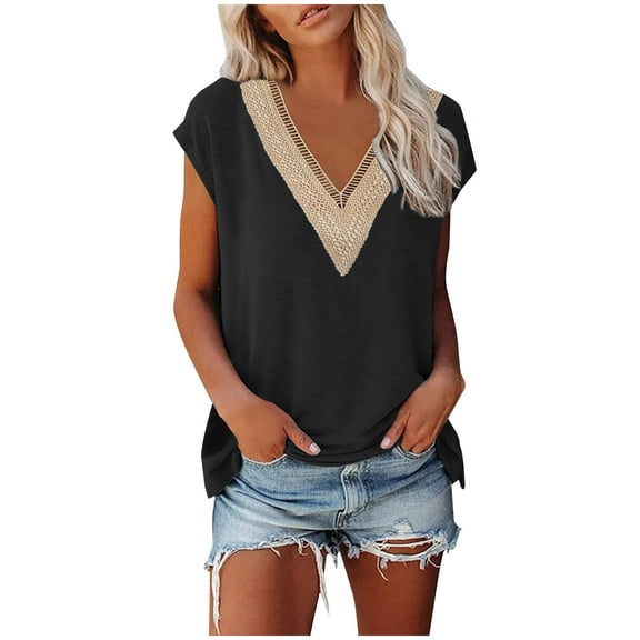 Bigersell Women's T-shirts Fashion Women's Summer V-Neck Lace Patchwork Short Sleeve Tops Blouse Women Blouse Crew Neck Short Sleeve Tops and Blouses Style B25358, Black S