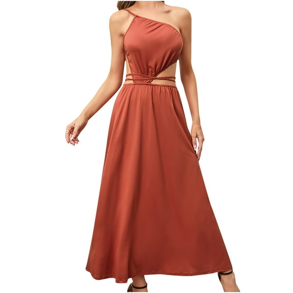 Bigersell Women's Tank Swing Dress Fashion Women Casual Solid One-Shoulder Sleeveless Backless Belt Long Dress Women A-Line Dress Style 4181, Female Short Dresses Orange L