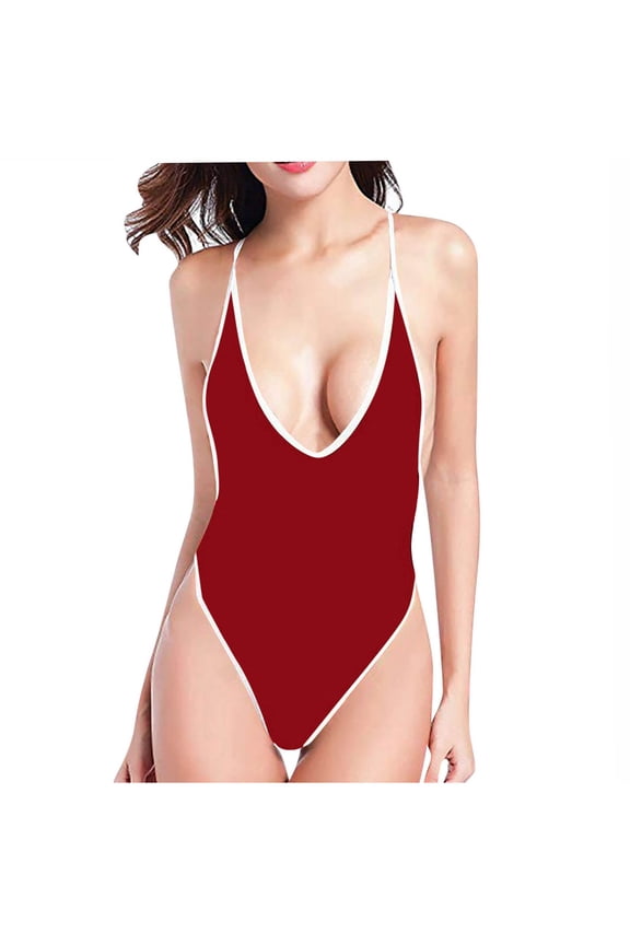 Women's Thong One-Piece Swimsuit, High Cut Bathing Suits, V-Neck Swim Suits for Women 2025 Cheeky One-Piece Swimsuits Open Back Spaghetti Straps Vacations Swimwear, Style SW-11, Red, M