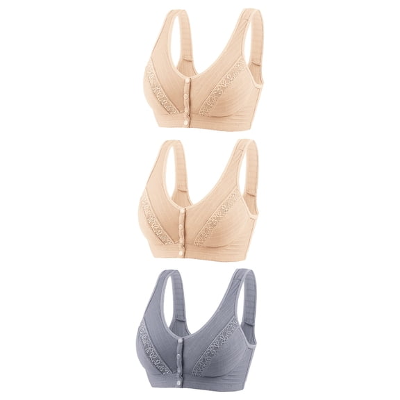 Bigersell Women's Wireless Bra 3pc Front Snap Closure Wire-Free Bra Support Womens Bra and Panty Sets Convertible Bra Style R-128 Basic Bra Strap Nylon Full-Coverage Everyday Bras Underwear Gray 3XL