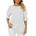 thumbnail image 1 of Bigersell Womens Blouses Women's Round-Neck Solid Ruffle Princess Sleeve Loose Short Sleeve Tops Big & Tall Button-Down V-Neck Short Sleeve Summer Casual T-Shirts Style B6017, White S, 1 of 6
