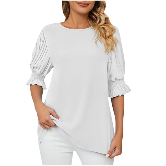 Bigersell Womens Blouses Women's Round-Neck Solid Ruffle Princess Sleeve Loose Short Sleeve Tops Big & Tall Button-Down V-Neck Short Sleeve Summer Casual T-Shirts Style B6017, White S