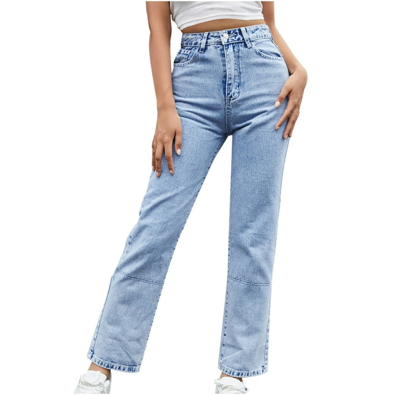 Bigersell Womens Boot Cut Jeans Cropped Jeans Clearance Flare Jeans Ladies Boyfriend Denim Pants Distressed Female Pull On Jeans Straight High Waist Full Length Pants Style J 140 Light Blue M Walmart....