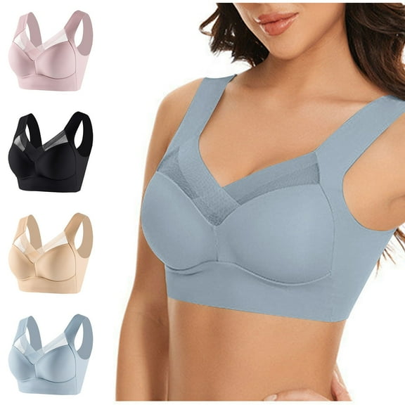 Bigersell Womens Bralettes with Support Summer 4pc Long Sports Bras for Women Full-Figure Bra Style R351 V-Neck Seamless Bras Pull-On Bra Closure Women Size Comfy Bras Black XXL