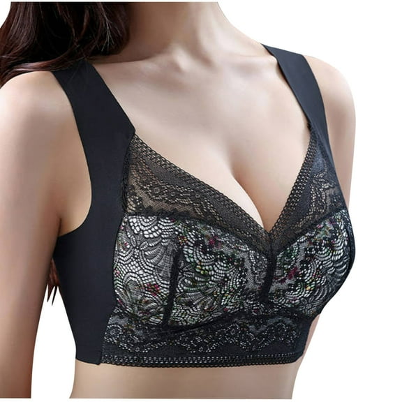 Bigersell Womens Bras No Underwire Summer Plus Size Sports Bras for Women Molded Bra Style R1606 V-Neck Padded Bras Hook and Eye Bra Closure Women's Plus Size Cotton Bras Black XL