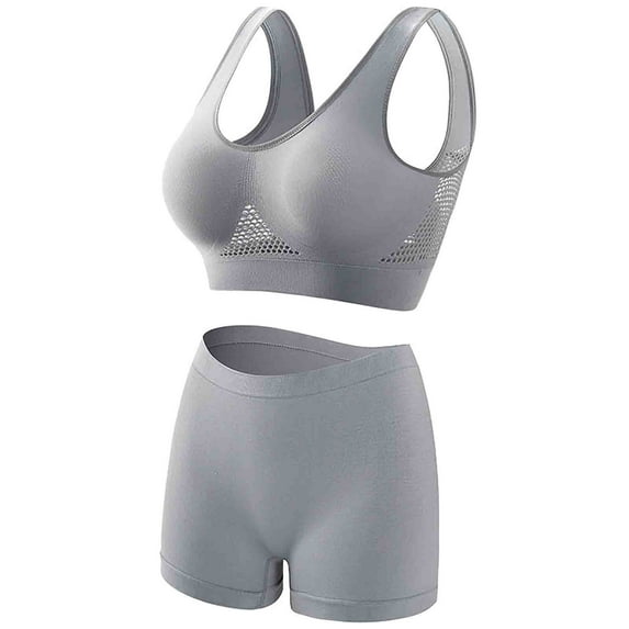 Bigersell Womens Bras and Underwear Sets Workout Sets for Women Plus Size 2 Piece Seamless Ribbed Crop Tank Tops High Waist Shorts Yoga Outfits Female Sports Bras Sets Style-R14 Gray M