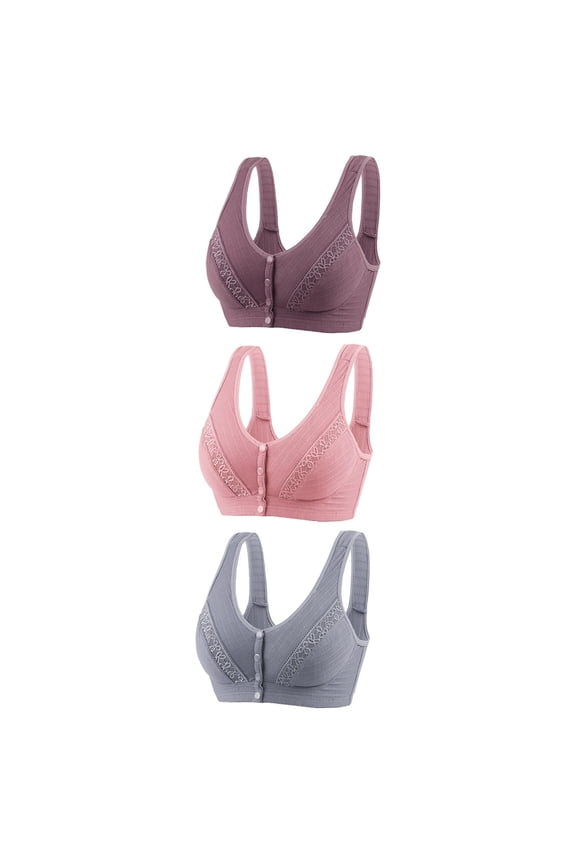 Womens Bras No Underwire 3pc Front Snap Closure V-Neck Wire-Free Bra Support Bras No Underwire Push up Soft Bra Style R-134 Basic Bra Strap Nylon Seamless Everyday Bras Underwear Pink M