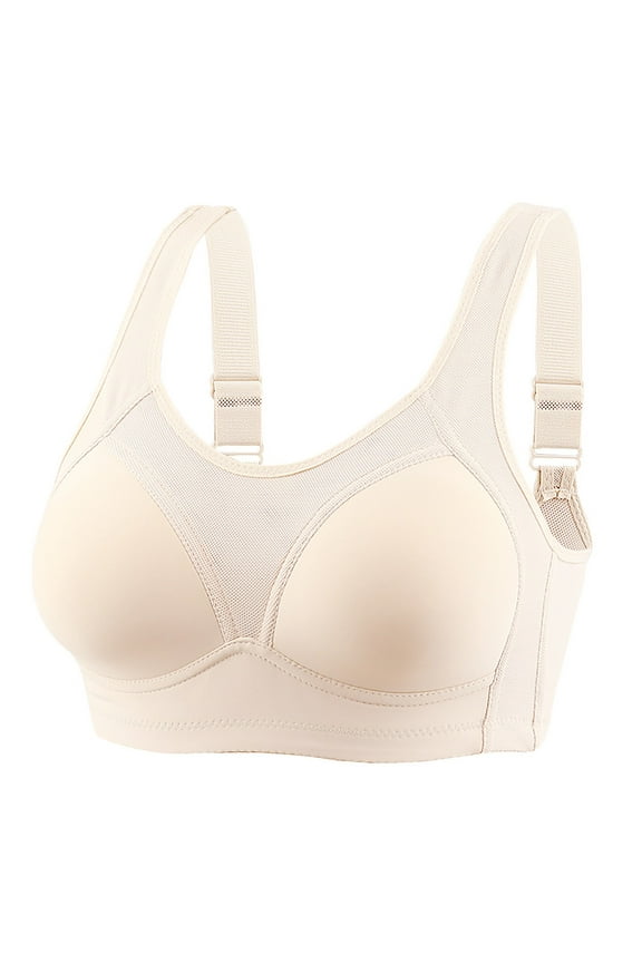 Womens Bras No Underwire Full Support Ladies Mesh U-Neck Push up Wireless Bras Hook and Eye Closure Everyday Wire-Free Bras Comfort Soft No Wire Brassiere Padded Bralette Beige M