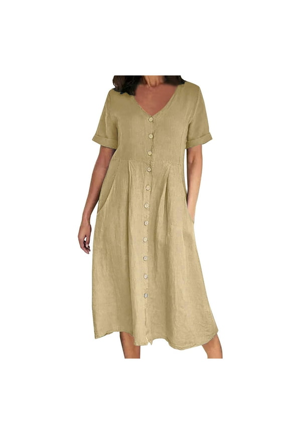Womens Casual Dresses Fashion Women Summer Casual V-Neck Solid Short Sleeve Button Pocket Cotton Linen Dress Female Sundresses Regular Mini Dresses, Style 20408, Khaki M