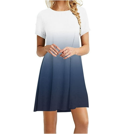 Bigersell Womens Casual Dresses Short Summer Beach Sundresses Gradient Print Round Neck Short Sleeve T Shirt Dress Loose Swing Tunic Dress
