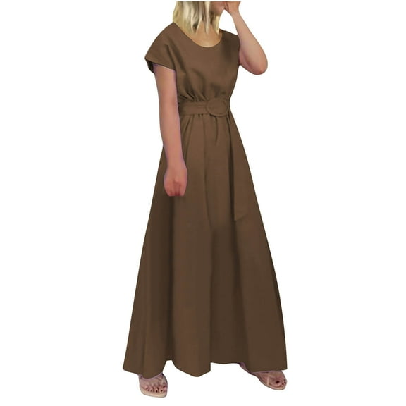 Bigersell Womens Dresses Casual Women's Summer Fashion Round Neck Short Sleeve Solid Color Swing Belt Plus Size Dress Midi Dress for Female Regular T-Shirt Dresses, Style 4733, Coffee XL