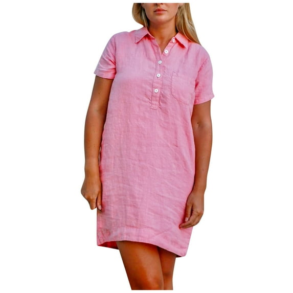 Bigersell Womens Dresses Fashion Women Autumn Solid Causal Turndown Collar Short Sleeve Button Pockets Dress Valentines Dress for Female Women's Plus Cocktail Dresses, Style 12580, Pink S