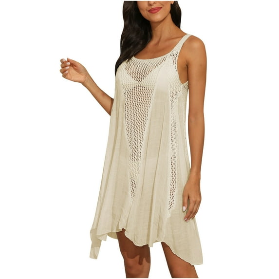Bigersell Womens Dresses with Sleeves Ladies Solid Color Hollow Out Stitching Irregular Swing Tank Beach Dress Regular Boho Dress Style 42919, Female Regular Dresses Beige Free