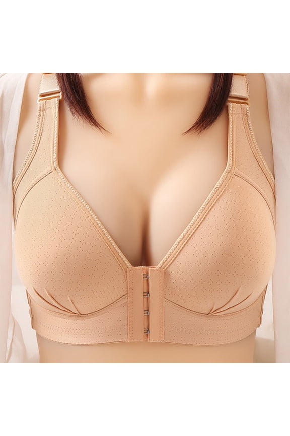 Womens Front Closure Bras No Underwire Ladies Push up Padded Bra Older Women Front Close Bras Full-Coverage Wireless Bras for Everyday Underwear Beige 90