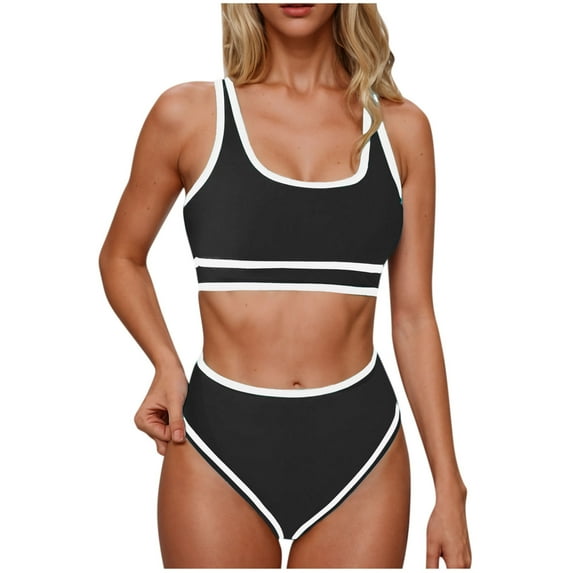 Bigersell Womens High Waisted Bikini Sets, Color Block Two Piece Swimsuits, Sporty Bathing Suits for Women Trendy Crop Tops Swimsuits Sets Beach Vacation Swimwear Black L
