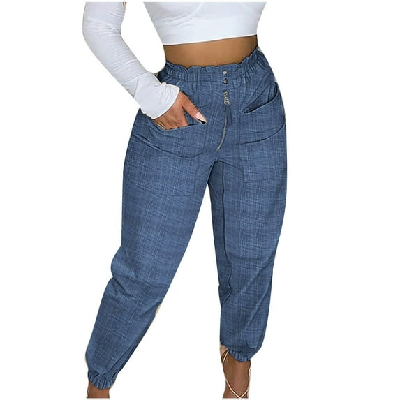 Bigersell Womens Joggers, Elastic Waist Casual Loose Pants with Pockets Zipper Closure Full Length Pants Trousers High Waisted Slim Leg Sweat Pants BlueXL