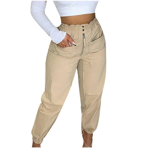 Bigersell Womens Joggers, Elastic Waist Casual Loose Pants with Pockets Zipper Closure Full Length Pants Trousers High Waisted Slim Leg Sweat Pants KhakiL